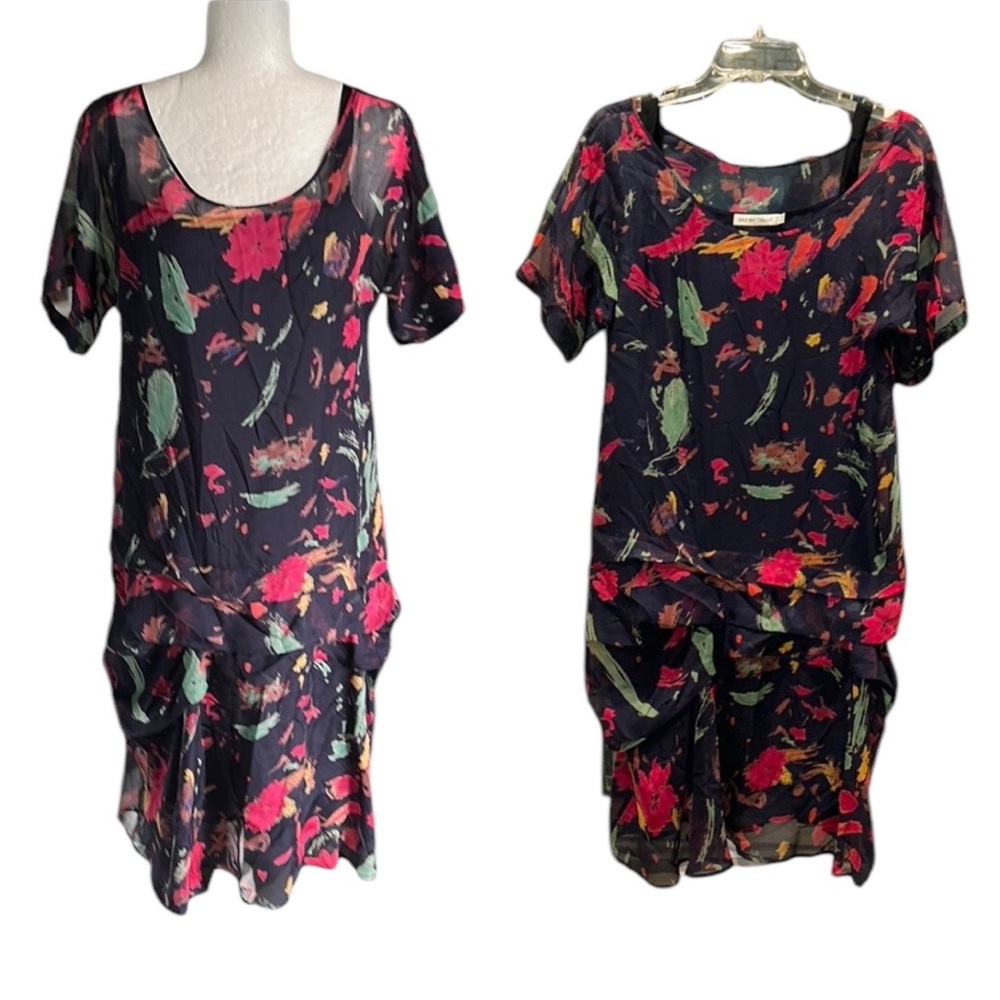 See by Chloe Silk Navy Blue Brushstroke & Floral Layered Ruched Midi Dress - 6